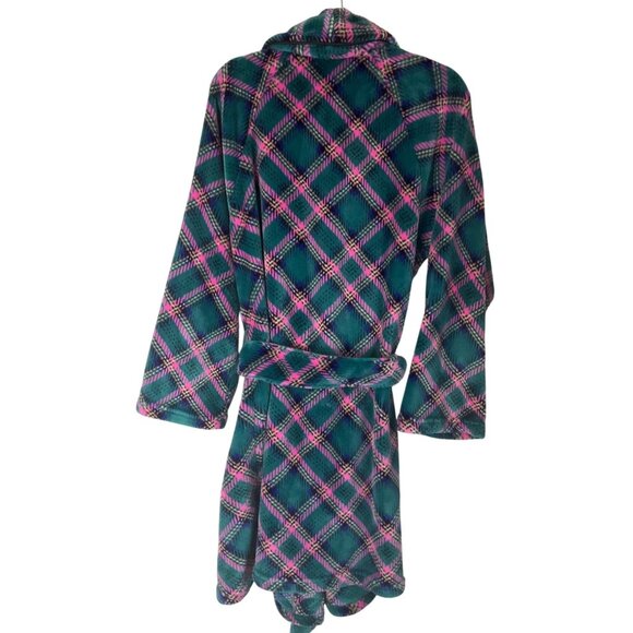 Victorias Secret Womens Sz Medium-large Plaid Fleece Robe Emerald Green Pink - Picture 2 of 10